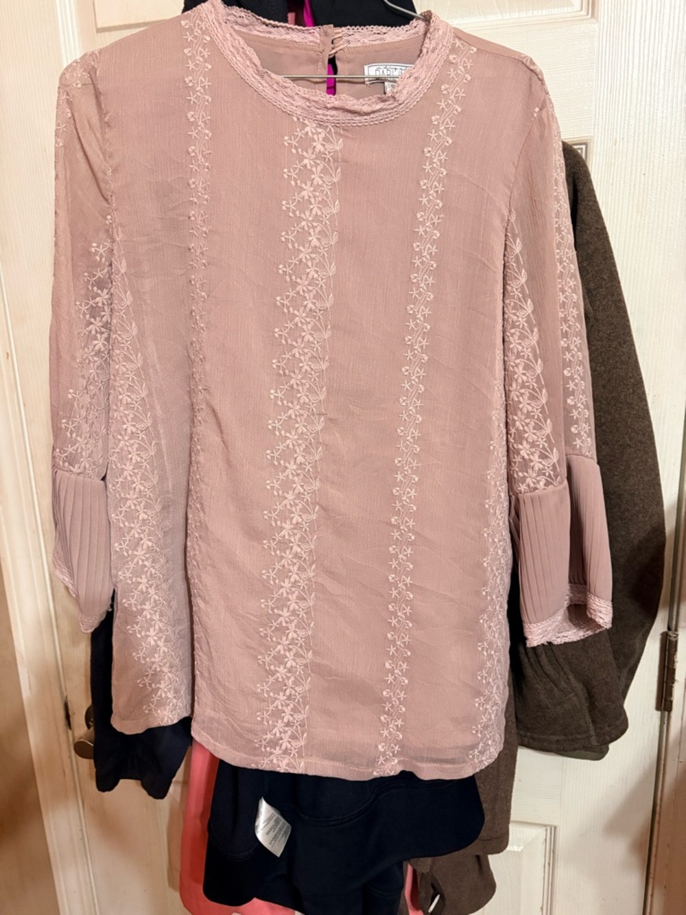 Women's Dusty Pink Embroidered Blouse - Ruffled Neck